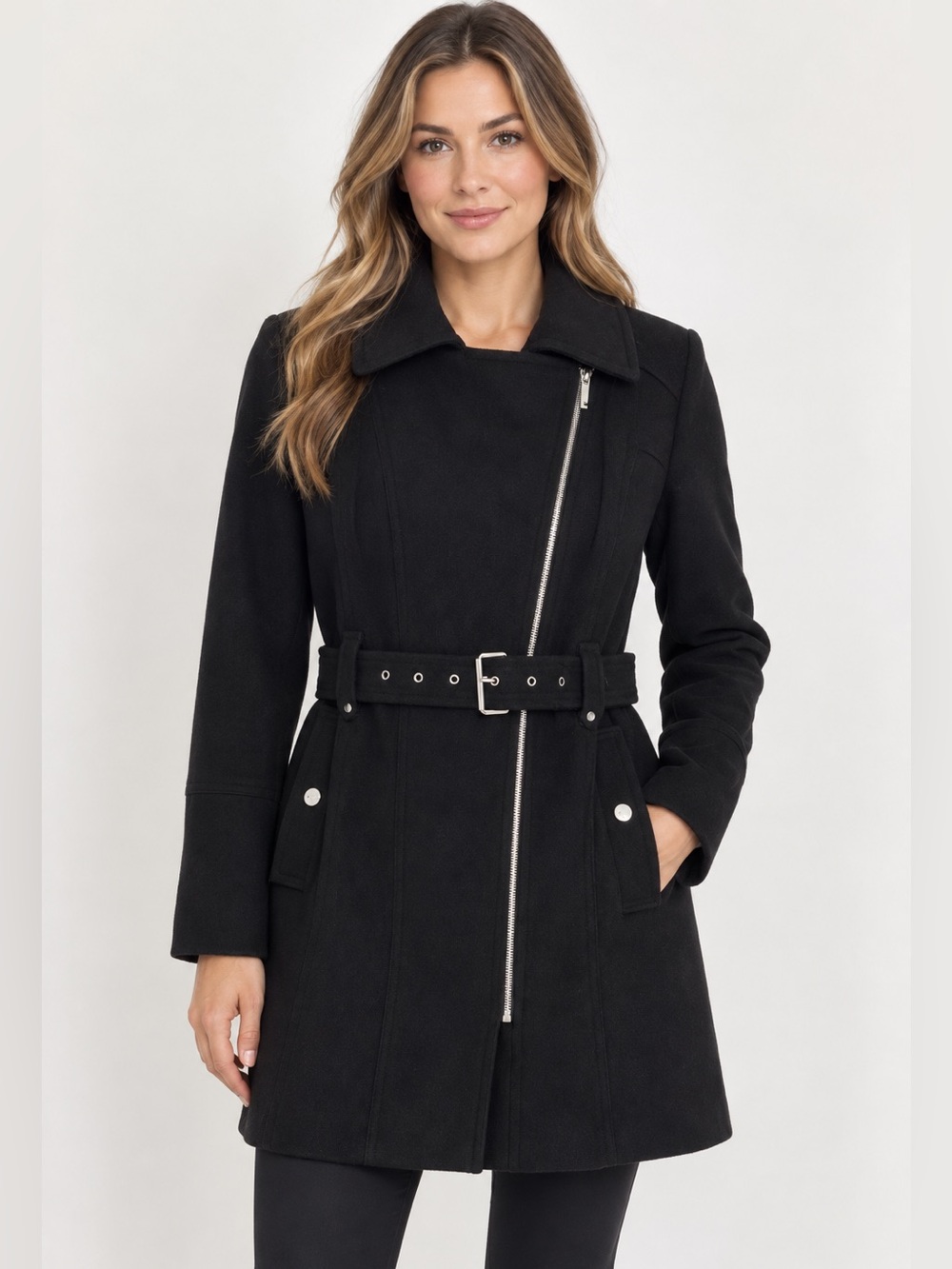 MICHAEL Michael Kors Black Belted Asymmetric Zip Wool Blend Trench Coat 10 21x34